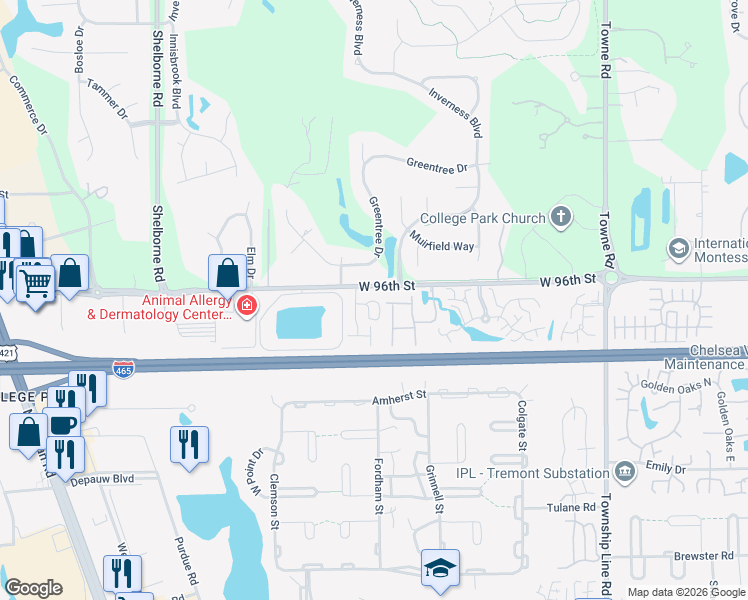 map of restaurants, bars, coffee shops, grocery stores, and more near 9528 Fordham Street in Indianapolis