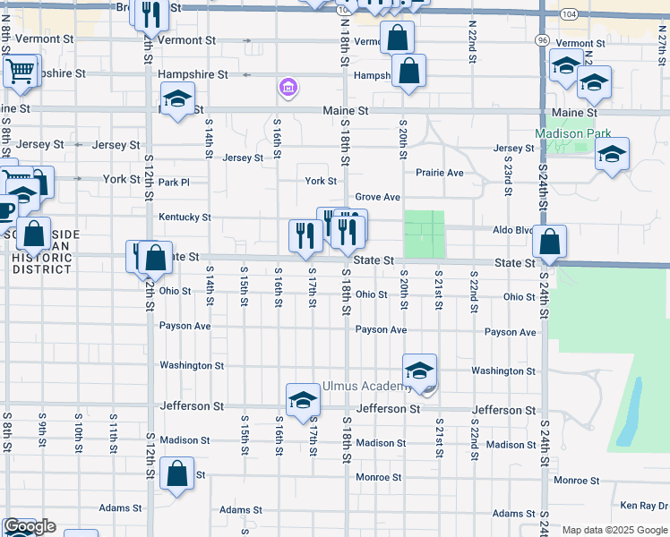 map of restaurants, bars, coffee shops, grocery stores, and more near 522 South 18th Street in Quincy