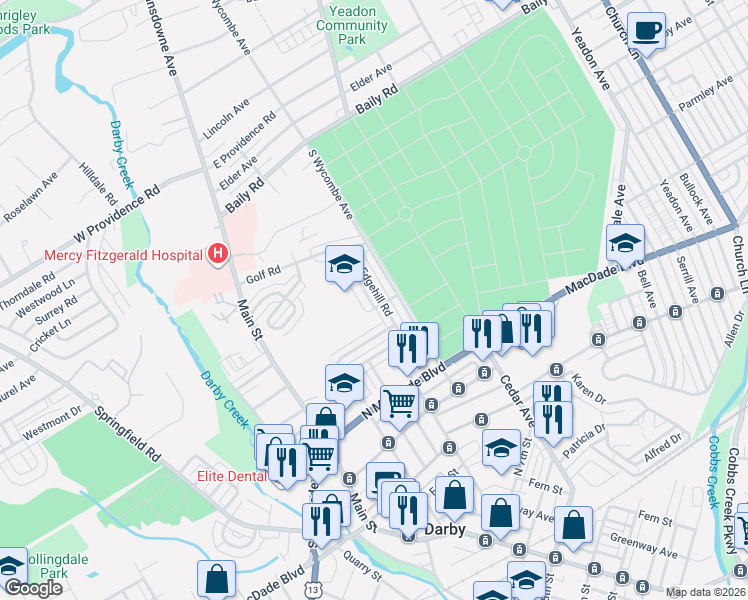 map of restaurants, bars, coffee shops, grocery stores, and more near 1306 Edgehill Road in Darby
