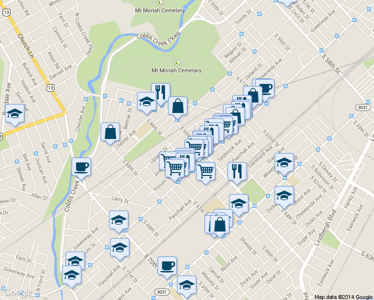 map of restaurants, bars, coffee shops, grocery stores, and more near 2105 S Gould St in Philadelphia
