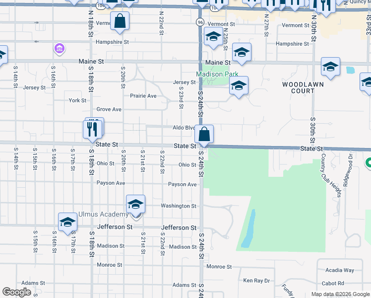 map of restaurants, bars, coffee shops, grocery stores, and more near 2317 Ohio Street in Quincy