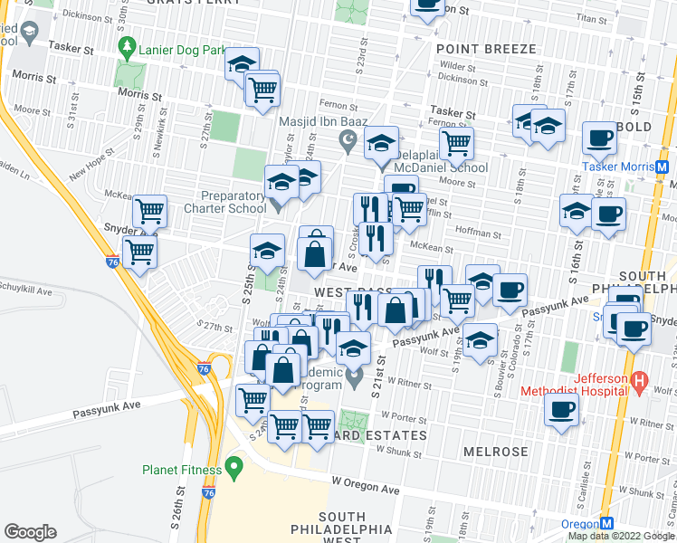 map of restaurants, bars, coffee shops, grocery stores, and more near 2236 Snyder Avenue in Philadelphia