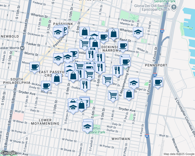 map of restaurants, bars, coffee shops, grocery stores, and more near 1826 South 6th Street in Philadelphia