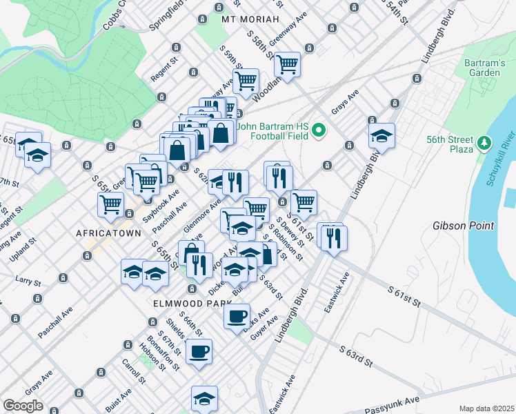 map of restaurants, bars, coffee shops, grocery stores, and more near 6135 Reedland Street in Philadelphia