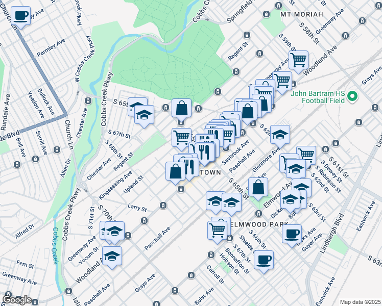 map of restaurants, bars, coffee shops, grocery stores, and more near 2105 S Gould St in Philadelphia