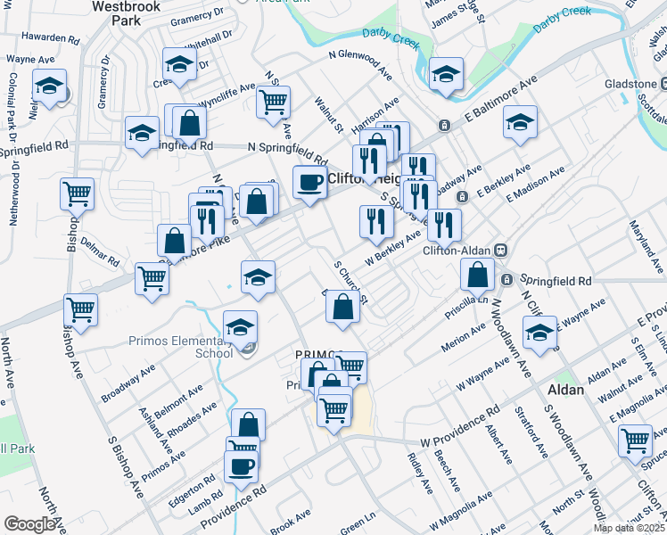 map of restaurants, bars, coffee shops, grocery stores, and more near 204 South Church Street in Clifton Heights