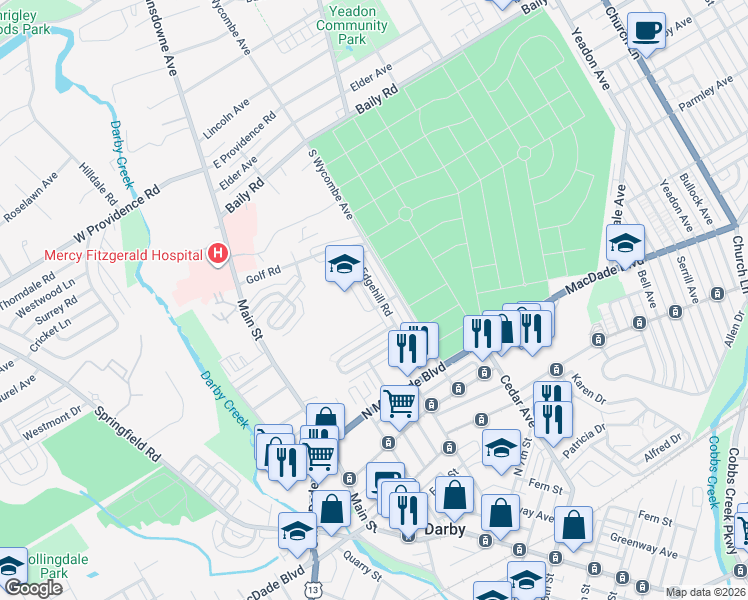 map of restaurants, bars, coffee shops, grocery stores, and more near 1306 Edgehill Road in Darby