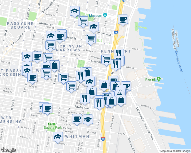 map of restaurants, bars, coffee shops, grocery stores, and more near 1725 South 2nd Street in Philadelphia