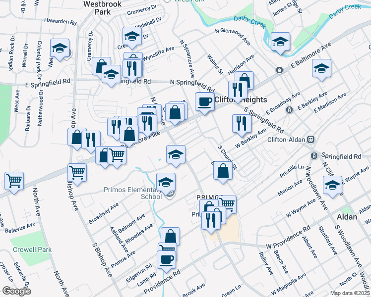 map of restaurants, bars, coffee shops, grocery stores, and more near 258 West Washington Avenue in Clifton Heights