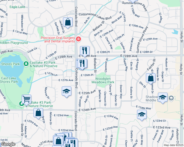 map of restaurants, bars, coffee shops, grocery stores, and more near 4293 East 126th Avenue in Thornton