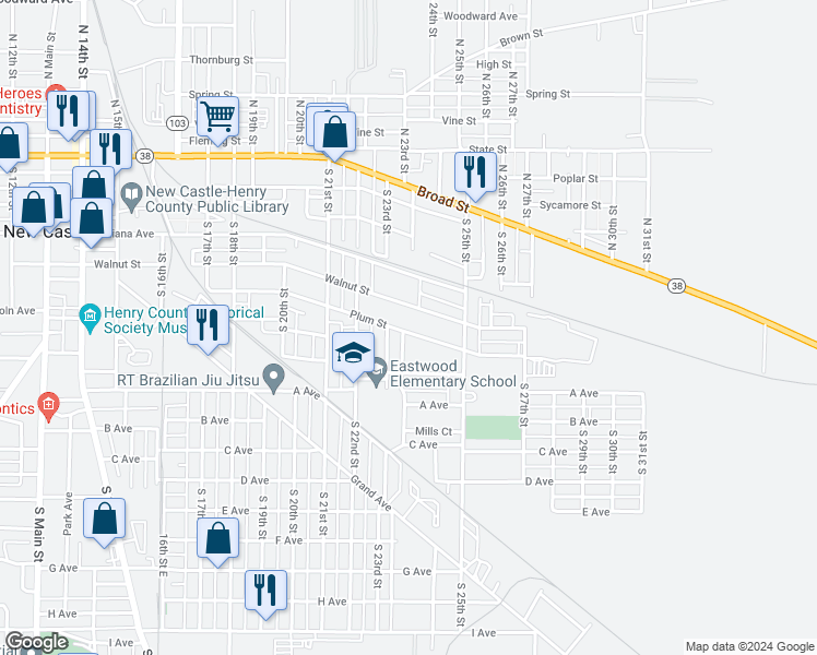 map of restaurants, bars, coffee shops, grocery stores, and more near 2320 Plum Street in New Castle