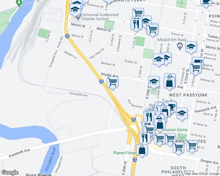 map of restaurants, bars, coffee shops, grocery stores, and more near 2824 Jackson Street in Philadelphia
