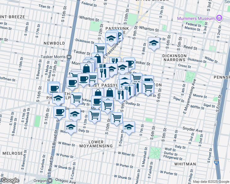 map of restaurants, bars, coffee shops, grocery stores, and more near 1835 South 10th Street in Philadelphia