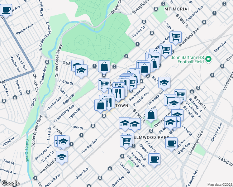 map of restaurants, bars, coffee shops, grocery stores, and more near 2124 South 65th Street in Philadelphia