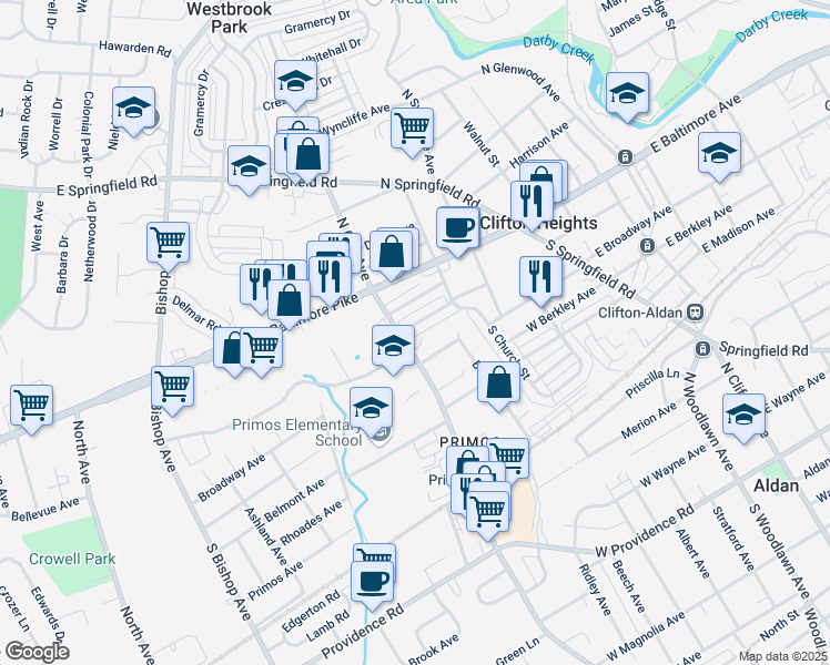 map of restaurants, bars, coffee shops, grocery stores, and more near 258 West Washington Avenue in Clifton Heights