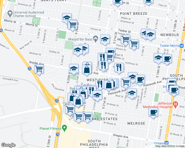 map of restaurants, bars, coffee shops, grocery stores, and more near 2240 Snyder Avenue in Philadelphia