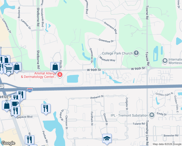 map of restaurants, bars, coffee shops, grocery stores, and more near 9528 Fordham Street in Indianapolis