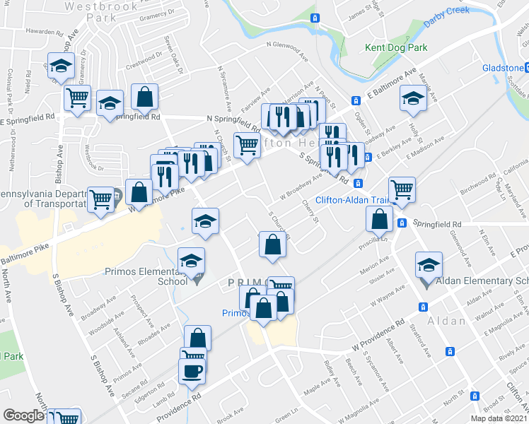 map of restaurants, bars, coffee shops, grocery stores, and more near 202 South Church Street in Clifton Heights