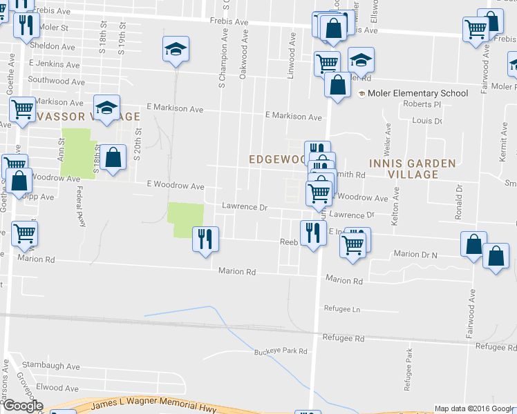 map of restaurants, bars, coffee shops, grocery stores, and more near Wilson Ave & Lawrence Dr in Columbus
