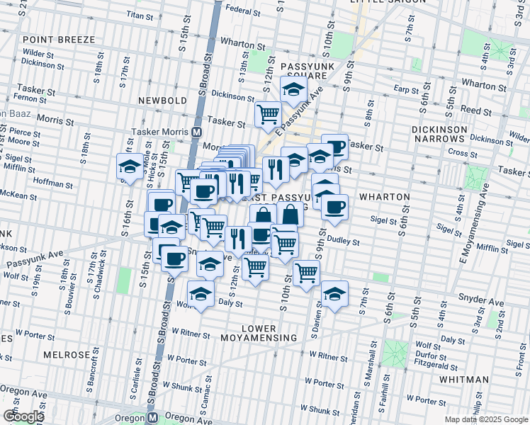 map of restaurants, bars, coffee shops, grocery stores, and more near 1112 Mifflin Street in Philadelphia