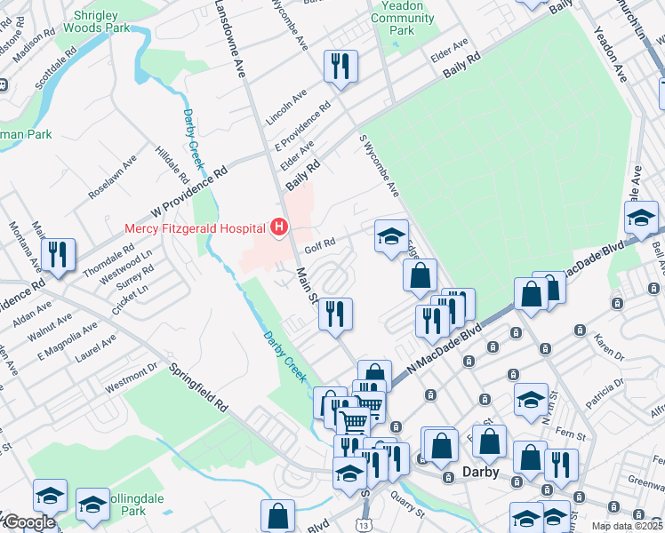 map of restaurants, bars, coffee shops, grocery stores, and more near 46 Concord Road in Darby