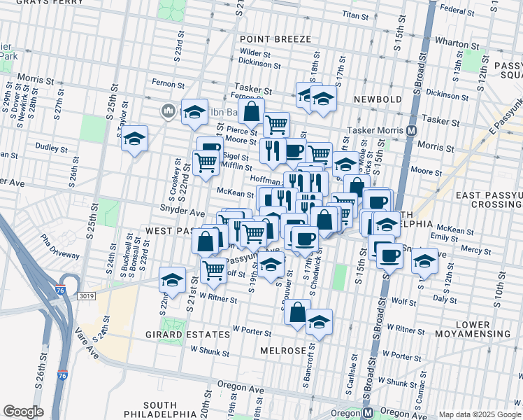 map of restaurants, bars, coffee shops, grocery stores, and more near 2024 South 19th Street in Philadelphia