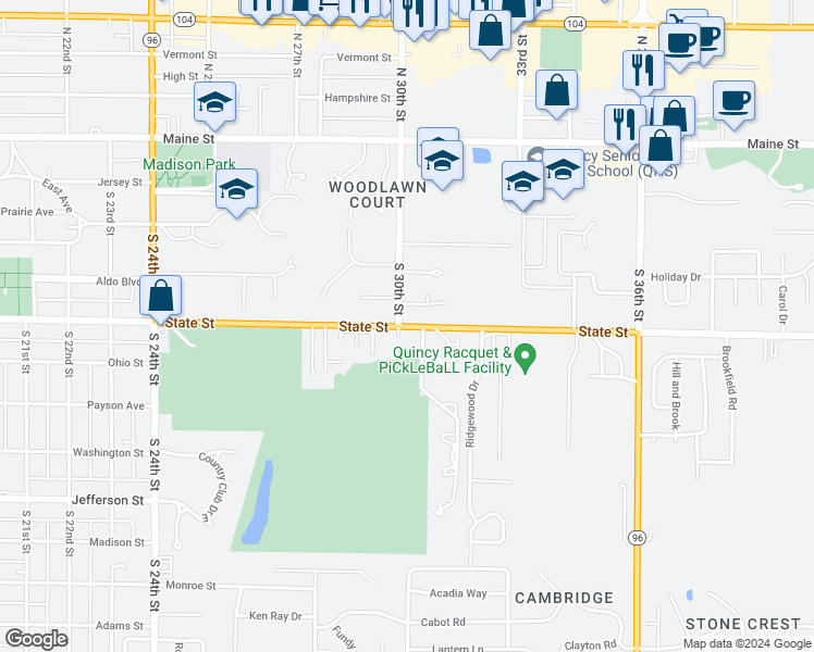 map of restaurants, bars, coffee shops, grocery stores, and more near 2930 State Street in Quincy