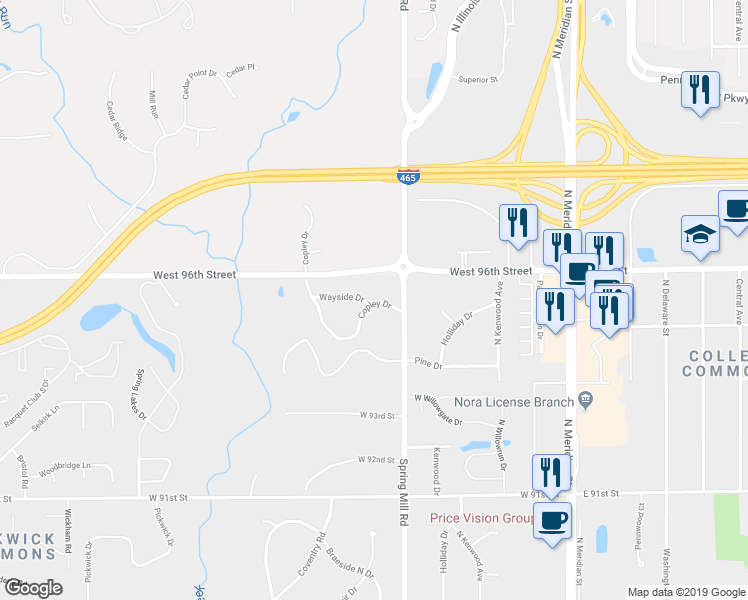 map of restaurants, bars, coffee shops, grocery stores, and more near 9515 Copley Dr in Indianapolis