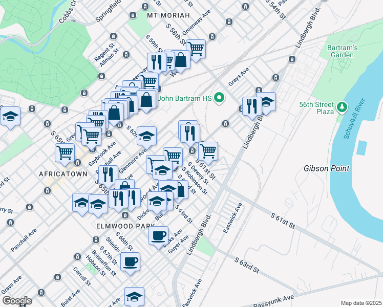 map of restaurants, bars, coffee shops, grocery stores, and more near S 61st St & Elmwood Ave in Philadelphia