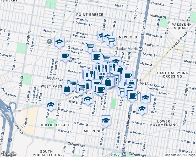 map of restaurants, bars, coffee shops, grocery stores, and more near 2012 South Bouvier Street in Philadelphia