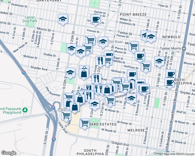 map of restaurants, bars, coffee shops, grocery stores, and more near S 22nd St & Snyder Ave in Philadelphia