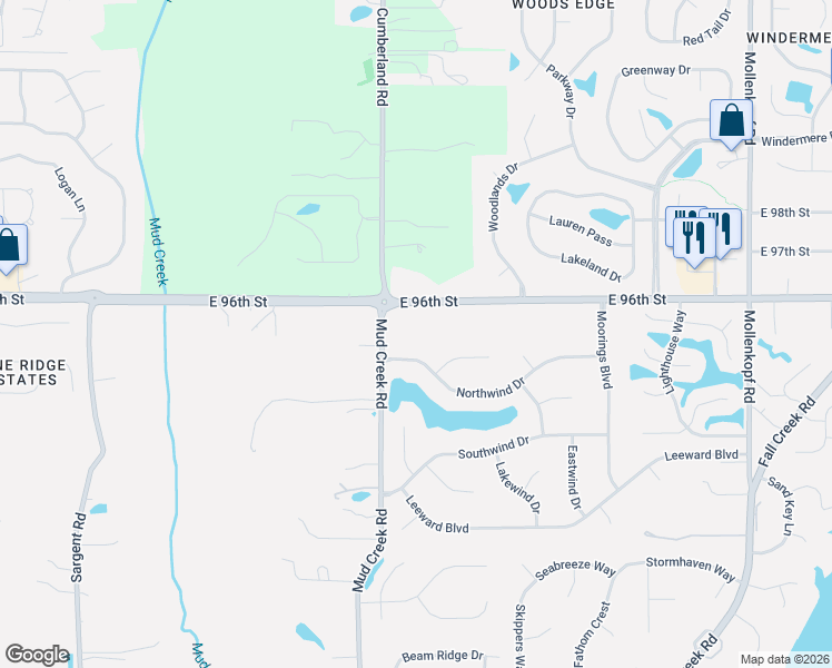 map of restaurants, bars, coffee shops, grocery stores, and more near 9817 East 96th Street in Indianapolis