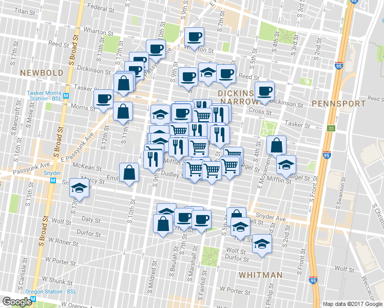 map of restaurants, bars, coffee shops, grocery stores, and more near 708 McClellan Street in Philadelphia
