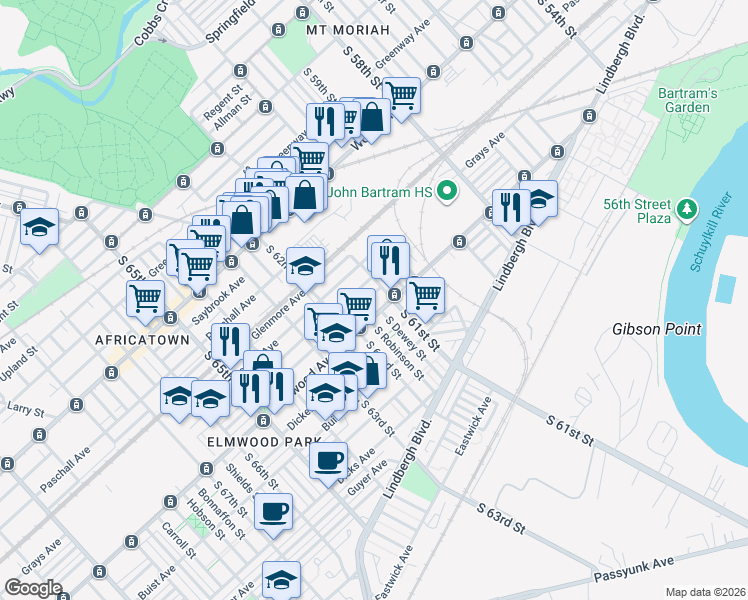 map of restaurants, bars, coffee shops, grocery stores, and more near 6053 Elmwood Avenue in Philadelphia