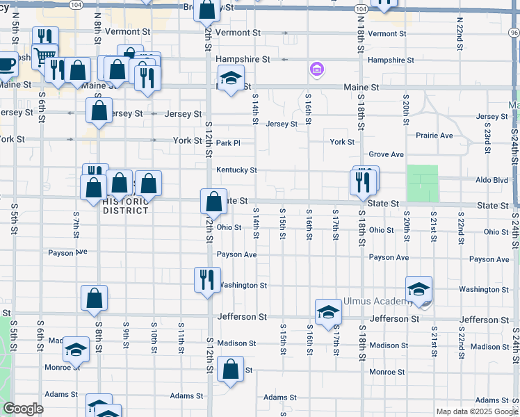 map of restaurants, bars, coffee shops, grocery stores, and more near 501-599 South 14th Street in Quincy