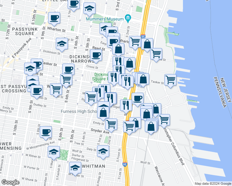 map of restaurants, bars, coffee shops, grocery stores, and more near 1723 South 2nd Street in Philadelphia