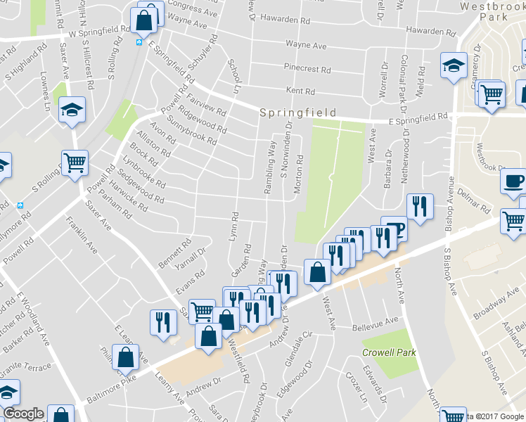 map of restaurants, bars, coffee shops, grocery stores, and more near 212 Rambling Way in Springfield