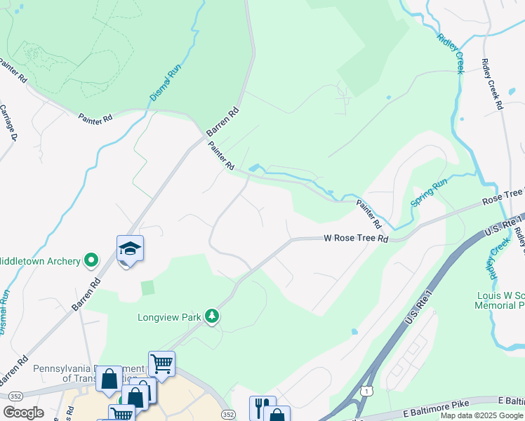 map of restaurants, bars, coffee shops, grocery stores, and more near 127 Powder Horn Lane in Media