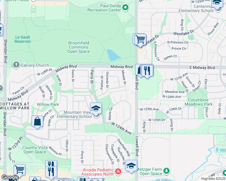 map of restaurants, bars, coffee shops, grocery stores, and more near 12566 Newton Way in Broomfield