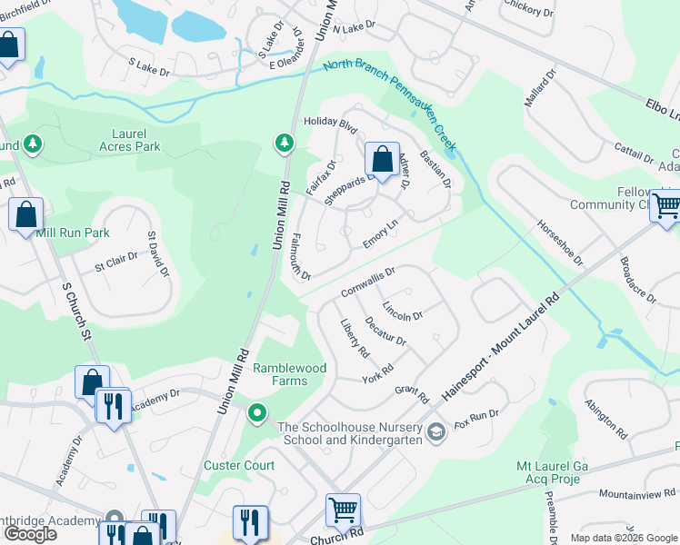 map of restaurants, bars, coffee shops, grocery stores, and more near 747 Cornwallis Drive in Mount Laurel Township