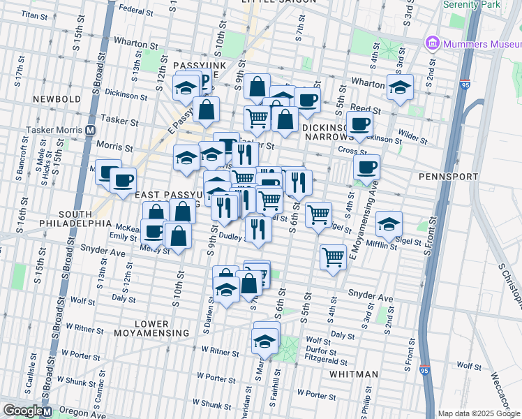 map of restaurants, bars, coffee shops, grocery stores, and more near 708 McClellan Street in Philadelphia