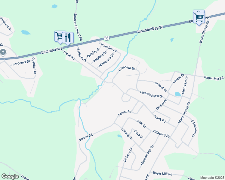 map of restaurants, bars, coffee shops, grocery stores, and more near 1679 Frank Road in Chambersburg
