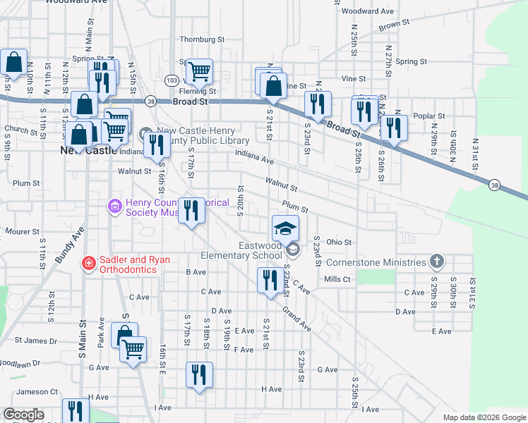 map of restaurants, bars, coffee shops, grocery stores, and more near 634 South 21st Street in New Castle