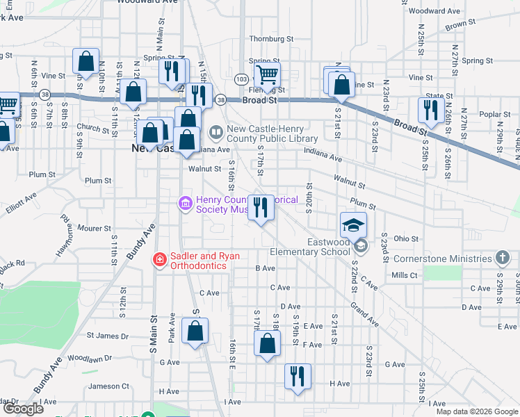 map of restaurants, bars, coffee shops, grocery stores, and more near 1726 Grand Avenue in New Castle