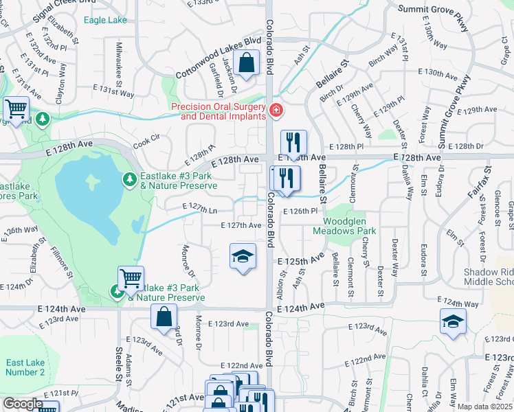 map of restaurants, bars, coffee shops, grocery stores, and more near 12711 Colorado Boulevard in Denver
