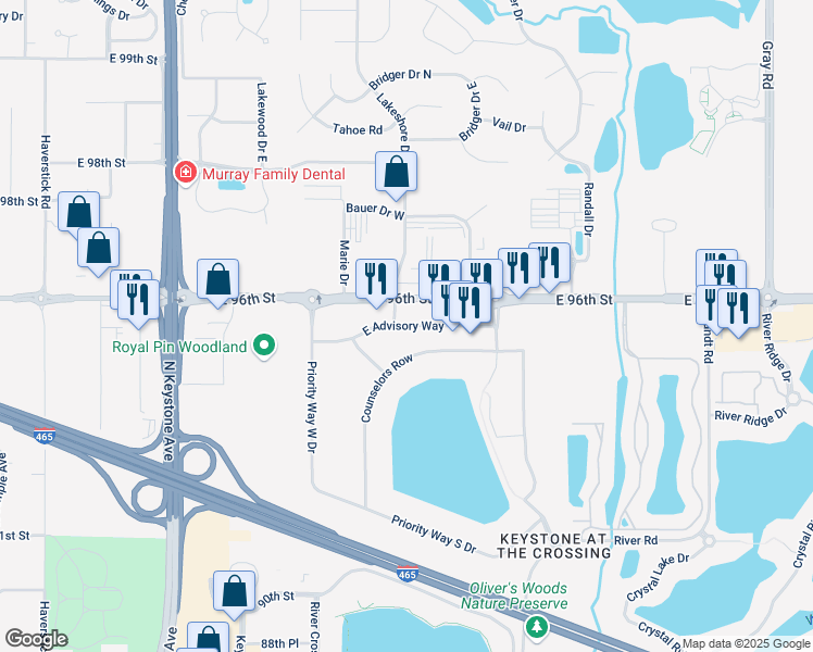 map of restaurants, bars, coffee shops, grocery stores, and more near East Advisory Way in Indianapolis