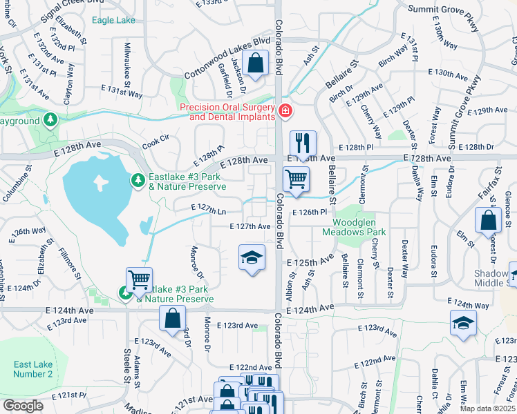 map of restaurants, bars, coffee shops, grocery stores, and more near 12711 Colorado Boulevard in Thornton