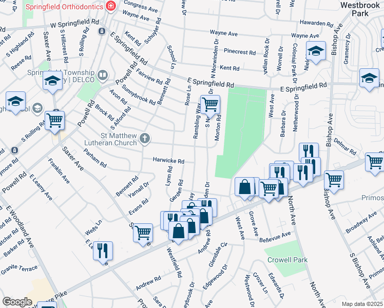 map of restaurants, bars, coffee shops, grocery stores, and more near 212 Rambling Way in Springfield