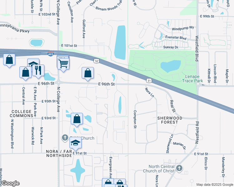 map of restaurants, bars, coffee shops, grocery stores, and more near 9461 Benchmark Drive in Indianapolis
