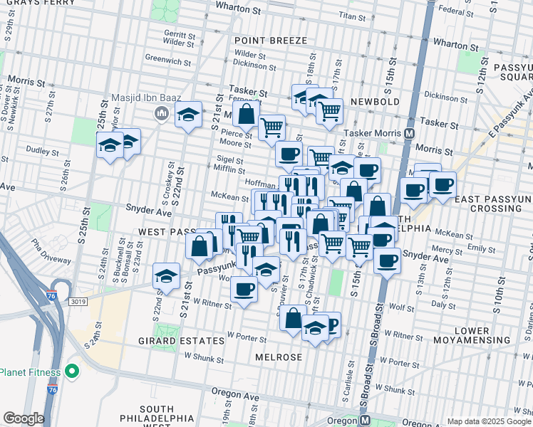 map of restaurants, bars, coffee shops, grocery stores, and more near 2020 Dorrance Street in Philadelphia